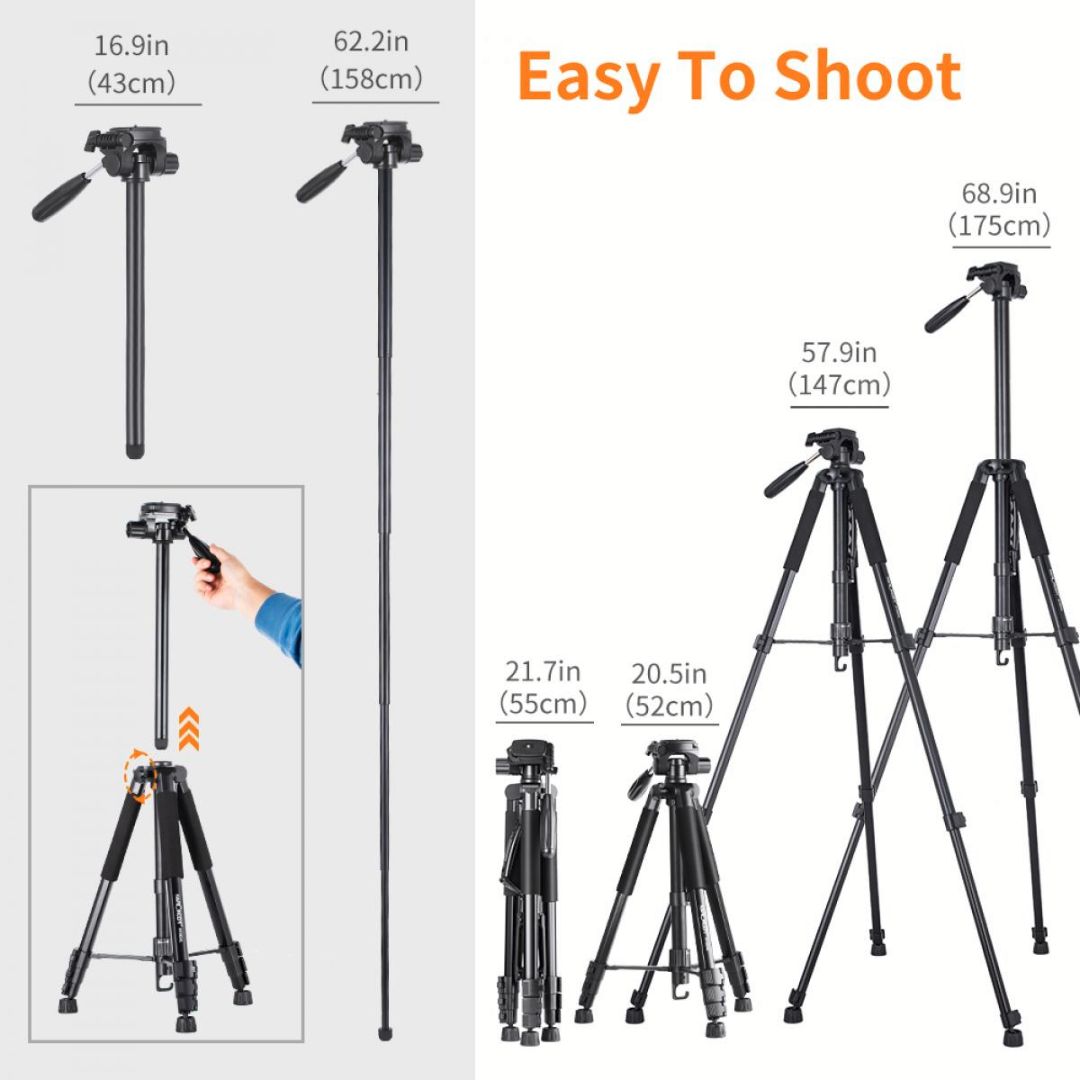 K&F Concept stativ i monopod 177cm, nosač za pametne telefone, trosmerna panoramska glava, KF09.050V2 - 5